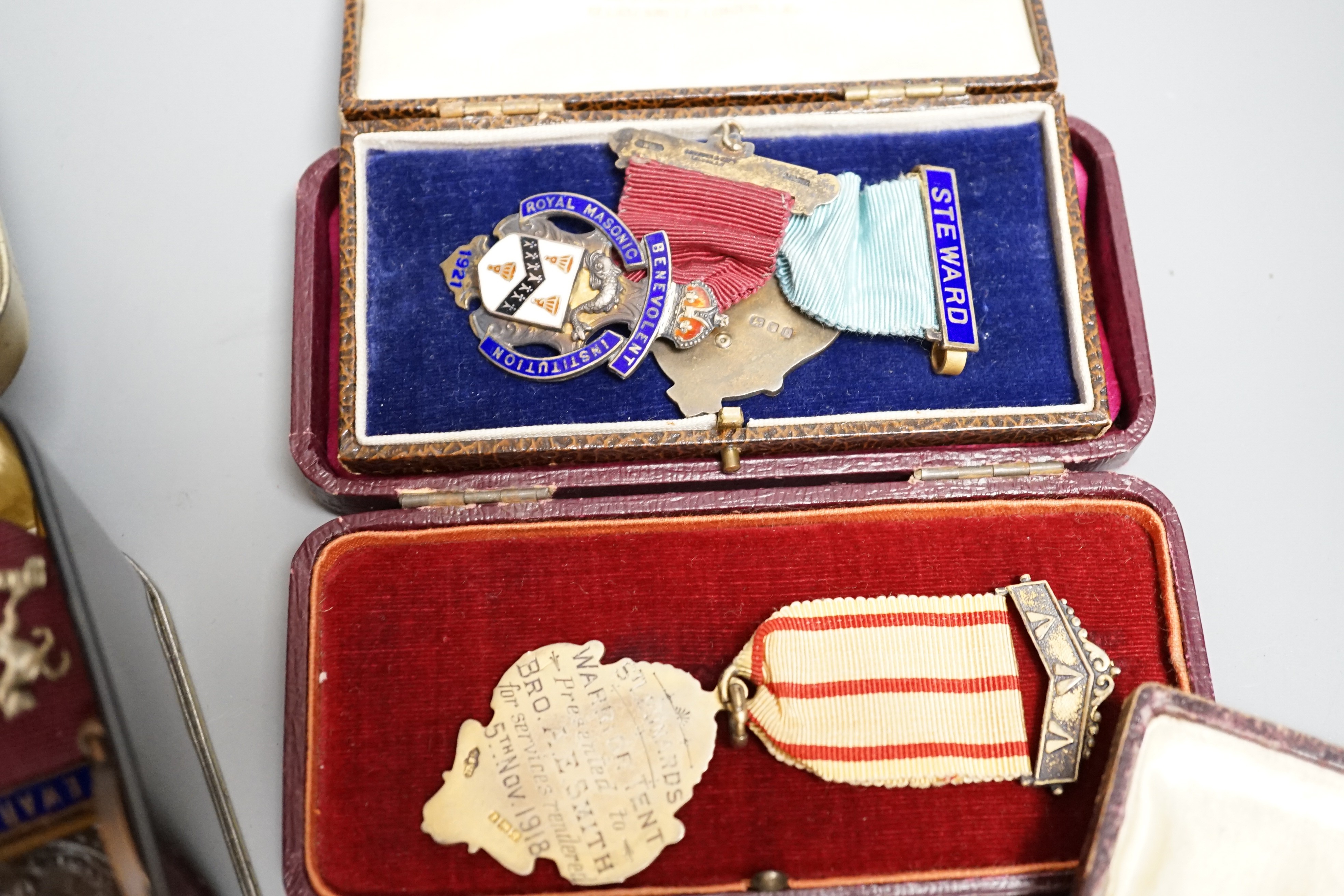 A collection of silver or gilt metal and enamel Masonic medals